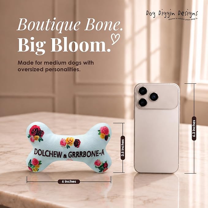 Dog Diggin Designs Dolchew & Grrrbone Plush Dog Toy Bone | Luxury-Inspired Parody Designer Bone with Squeaker, Soft Plush Chew & Play Dog Toy – Prêt-à-Porter Play!