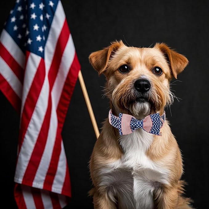 DOGWONG American Flag Dog Collar, 4 of July Dog Bow Collar Heavy Duty Adjustable Patriotic Dog Collar with Bowtie for Small Medium Large Dogs
