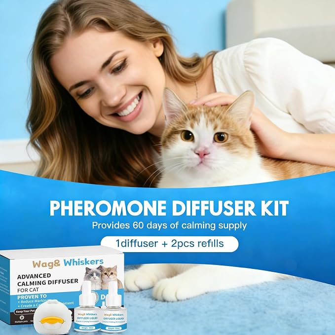 Cat Pheromones Calming Diffuser, Pheromone Diffuser to Calm Cats, Cat Calming Spray, Stress Relief and Anxiety Relief for All Cats, Soothe Your Pet's Emotions, 3-in-1 Kit for Cats (2pc)