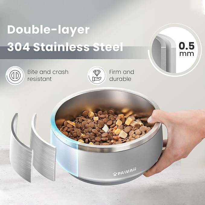 Pawaii Dog Bowl,34 oz Stainless Steel Food and Water Bowl,ID Tag,1 Pack | Double-Wall Design,Non-Slip Rubber Base,Dishwasher Safe,Smooth Open Design, Not a Slow Feeder,Easy-Rinse Interior