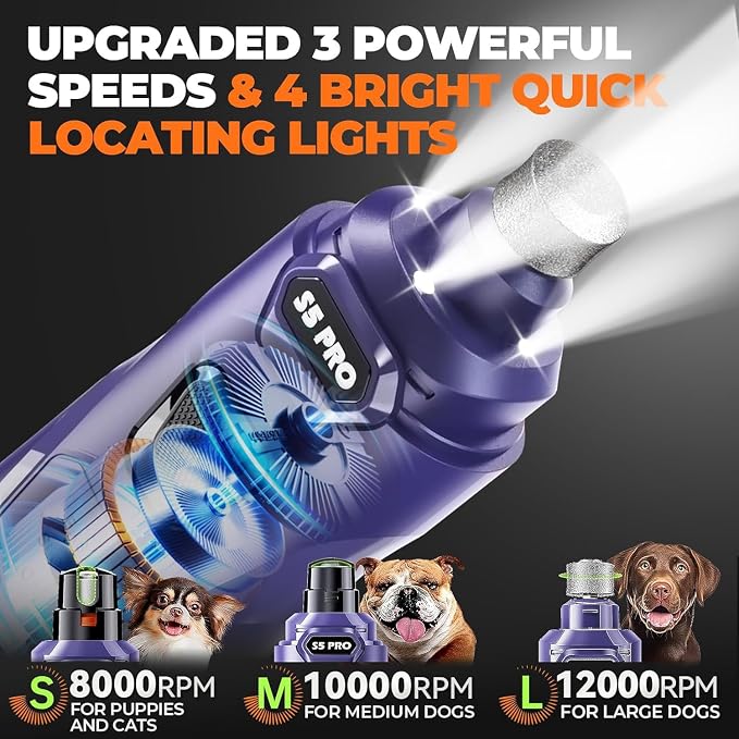 Whisper Quiet Dog Nail Grinder Safe & Stress-Free for Sensitive Dogs Cats | 4 LED Lights,3 Grinding Bits, 3-Speed, Pet Nail Trimmers, Rechargeable Painless Grooming Kit for All Breeds & Sizes