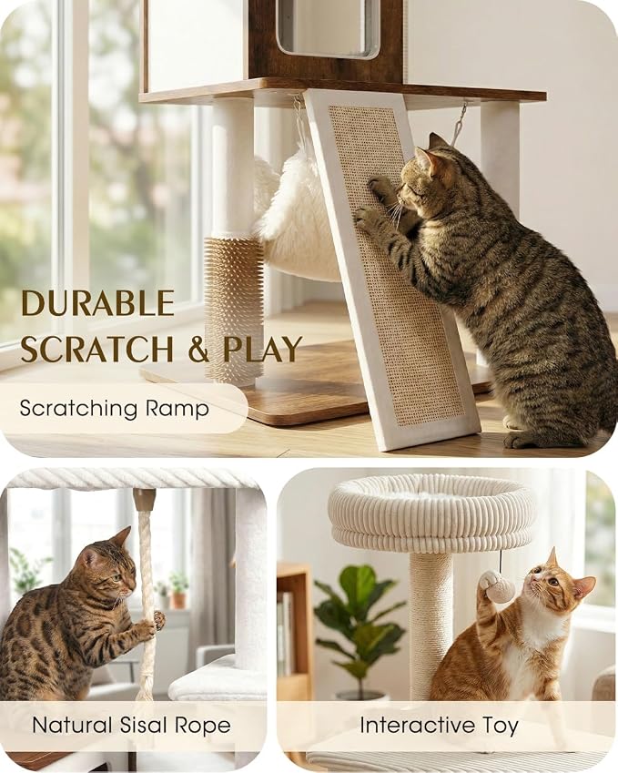 61" Modern Cat Tree, Tall Cat Tower with Self-Grooming Brush | Removable Washable Cushion, Pyramid Anti-Tip Base, Cat Furniture, Cozy Cat Condo, Sisal Scratching Post, Multi-Cat Household