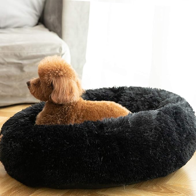 HACHIKITTY Calming Donut Cuddler Dog Bed, Round Fluffy Pet Bed for Small Dogs,Washable, Large, Black, 24''