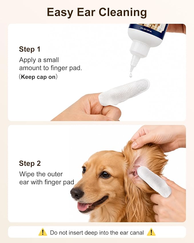 Dog Ear Cleaner Solution with Finger Wipes 8 oz Each 2 Bottles | Dog Ear Wipes For Floppy Ears, Fast Deodorizing Dog Ear Wash After Bath & Swimming Rainy Walk, Unscented Dog Wipes