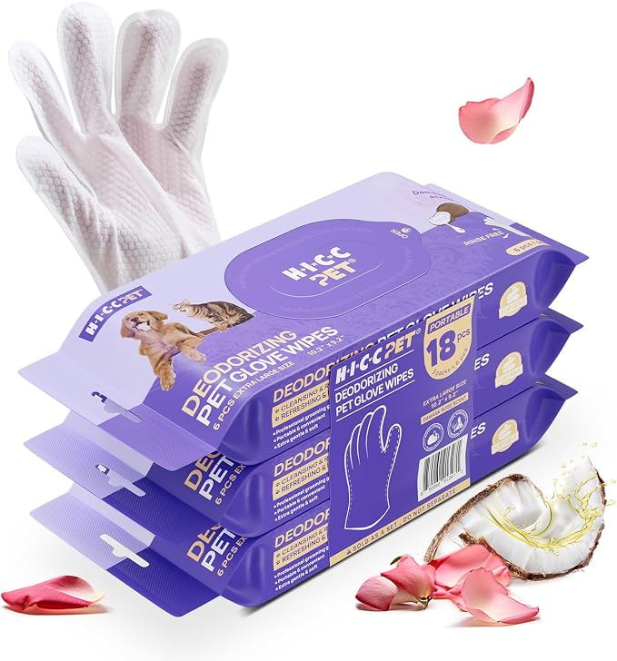 HICC PET Dog Wipes for Dogs & Cats, Glove Design, 18 Count | Fresh Coat Between Baths, Head-to-Tail Grooming, Plant-Based Formula, No-Rinse, Quick Everyday Cleanups, Rose Scent