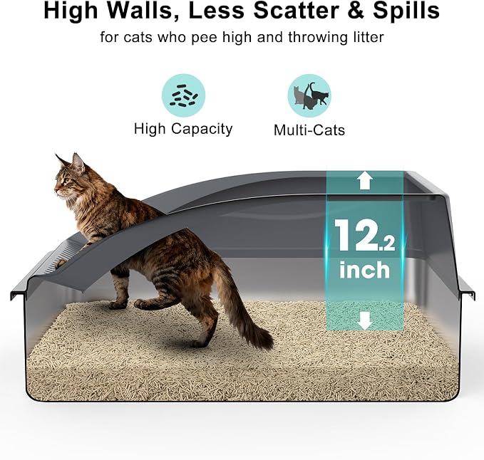 AIPERRO Stainless Steel Litter Box Extra Large for Big Cats and Multi-Cats | Jumbo Extra Large High Sided Metal Cat Box with Lid | Anti-Urine Leakage,Non-Stick & Easy to Clean | Include Litter Cat Scoop