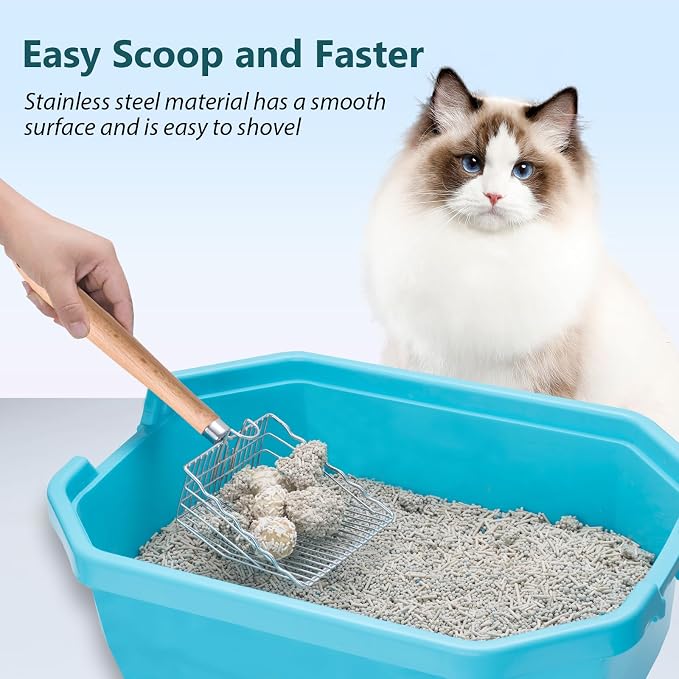 Cat Litter Scoop, 9.8" Long Handle, Metal Scooper for Litter Box | 0.3-inch Gap, Wooden handle, with Hook and Hole, Stainless Steel, Easy Cleaning, Durable, Heavy Duty, Odor-Free, Cats, dogs