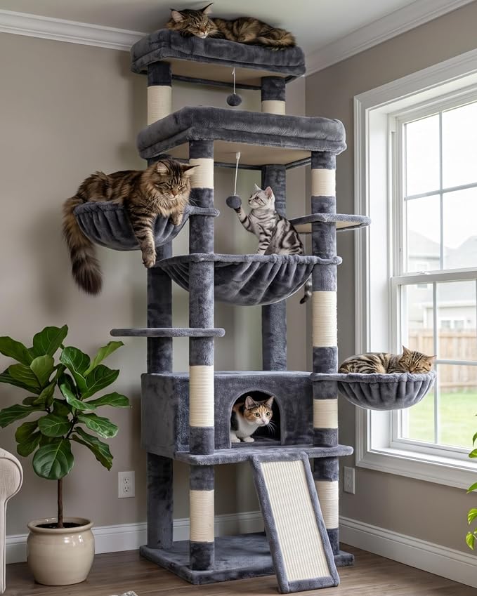 Hey-brother Cat Tree Tower with Extra Large Platform and Basket, MPJ080G | 71.7 Inches Scratching Posts with Specious Condo, 2 Cozy Hammocks, Scratch Board for Indoor Adult Cats, Maine Coon Smoky Gray