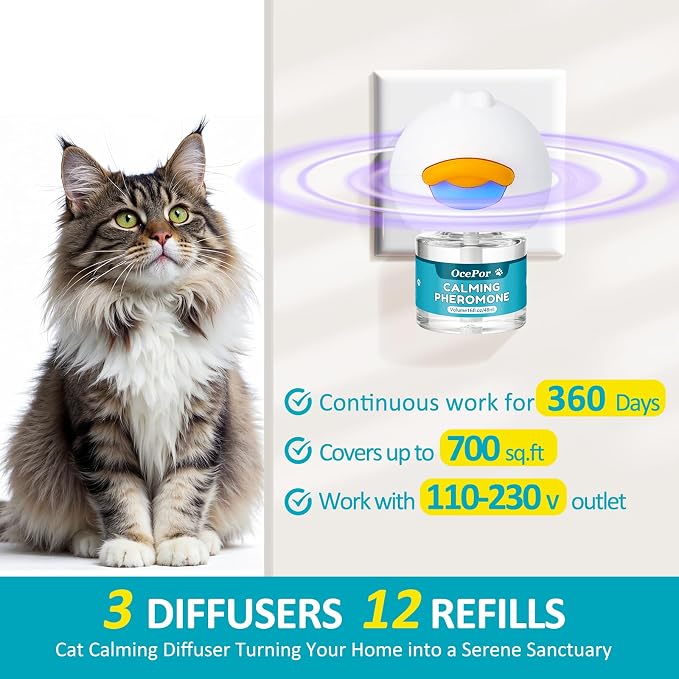Multi‑Cat Calming Diffuser, 360-Day Pheromone Diffuser 12 Refills & 3 Plugs | Cat Pheromones Calming Diffuser Refill Kit for Pee Spraying, Aggression, Meowing & Scratching, Relieve Anxiety Stress