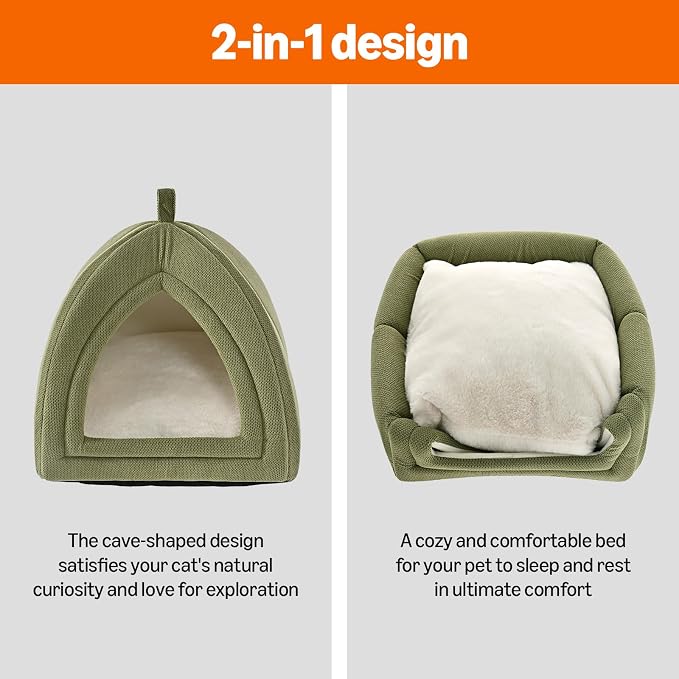 Amazon Basics Cat Cave Bed, 2-in-1 Foldable House for Indoor Cats, with Washable Cushion and Non-Slip Base, 15 x 15 Inches, Small, Green