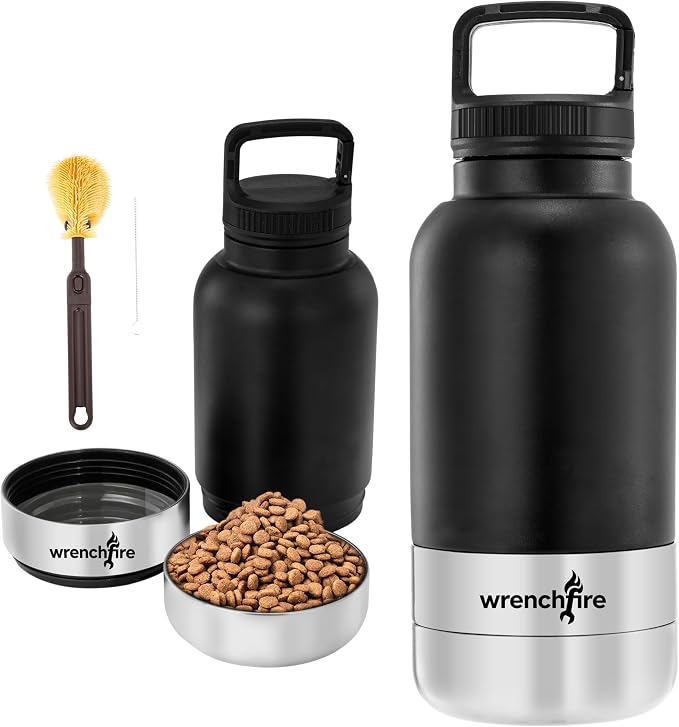 32 oz Instulated Stainless Steel Dog Water Bottle with 2 Detachable Bowls,Portable Cat Travel Dispenser with Brush for Walking Hiking Camping,Black
