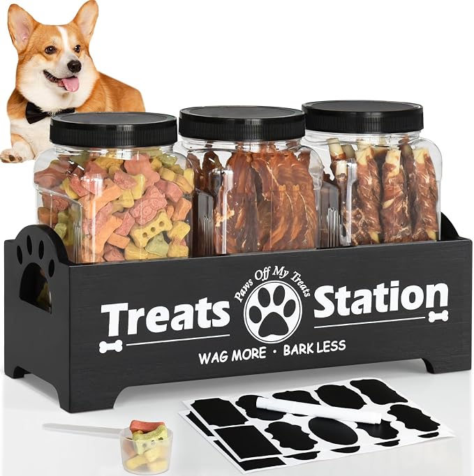 Dog Treat Container Dog Food Storage Container for Countertop, Cat Food Storage Container with 3 Plastic Dog Treat Jar, Dog Food Storage Container for Dog and Cat, Black Wooden Dog Food Container