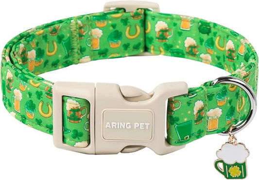 ARING PET St Patrick's Day Dog Collar, Cute Green Lucky Clovers Adjustable Shamrock Pet Collars Trefoil Puppy Collar Gifts with Quick Release Buckle for Girl&Boy Dogs-M