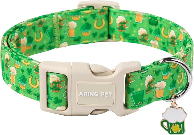 ARING PET St Patrick's Day Dog Collar, Cute Green Lucky Clovers Adjustable Shamrock Pet Collars Trefoil Puppy Collar Gifts with Quick Release Buckle for Girl&Boy Dogs-L