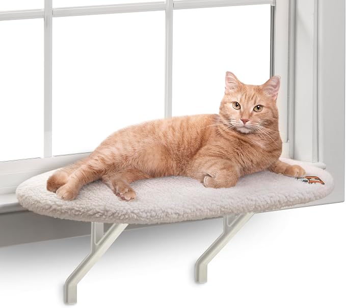 K&H Cat Window Perch, Unheated Kitty Sill, 24x14in, Fleece | Orthopedic Cat Window Hammock Bed Holds 40LBS, Washable Cover, Kitty Windowsill Bed Seat for Indoors, Cream Fleece