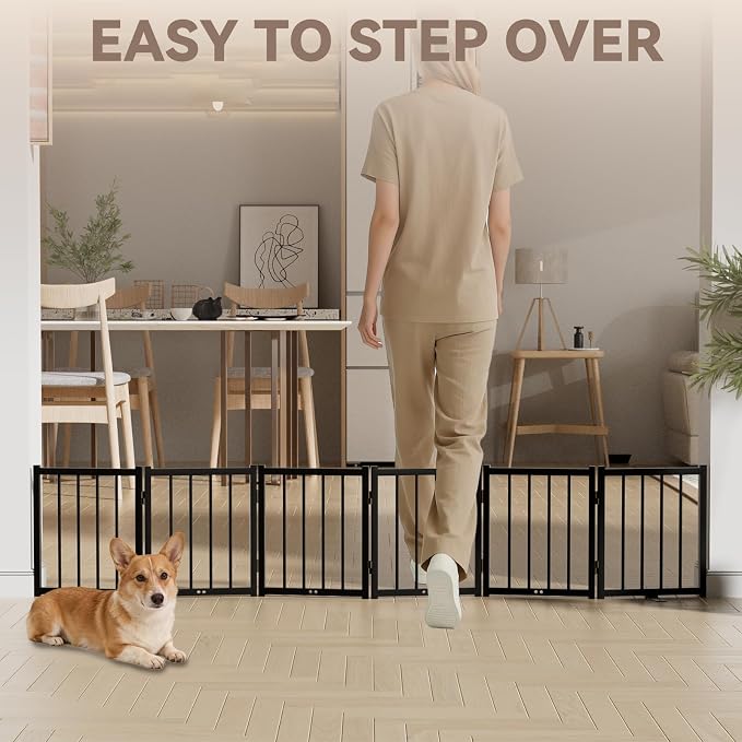 Snuowu 16" Freestanding Short Dog Gate for Small Dogs – Foldable & Retractable, Expands Up to 72" Wide, 6-Panel Pet Barrier for Doorways, Stairs & Hallways (Black)
