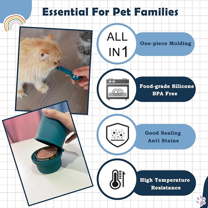 Original Canned Dog Food Storage Container & One Can Spoon | Silicone Can Cover Pet Food Sealer & Cute Paw Shape Opener Spatula | BPA Free, Airtight, Dishwasher & Freezer Safe (Grey+Dark Blue)