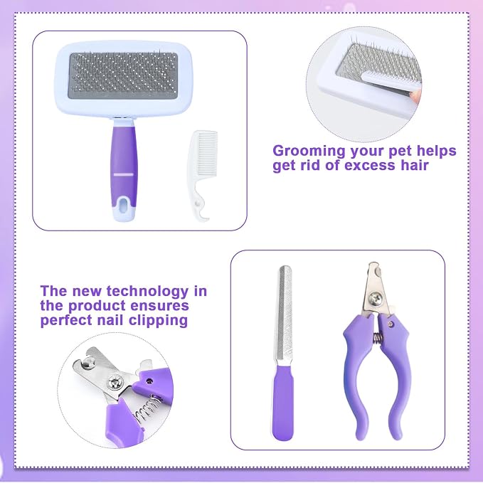 VCZONE 8 Pcs Small Animal Grooming Kit, Rabbit Grooming Kit with Pet Nail Clipper and File, Flea Comb, Pet Shampoo Bath Brush, Pet Shedding Slicker Brush, Bath Massage Glove, Cleaning Comb (Purple)