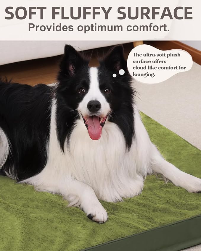 KSIIA Orthopedic Dog Bed for Large Dogs with Waterproof Lining, Green,35x22 | Deluxe Soft Plush Dog Crate Bed, Washable Pet Mat with Removable Cover & Egg Crate Foam for Large Dogs Sleeping & Relaxing