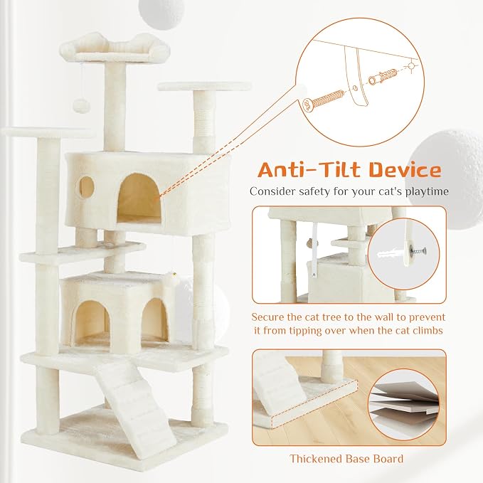 Cat Tree Tower for Indoor Cats, 54 Inches Multi-Level Activity Cat Tree with Sisal Scratching Posts Cat Play House Large Kitten Condo Funny Toys Climbing Ladder, Beige,Premium