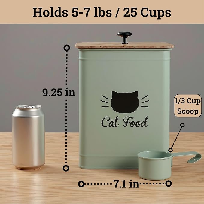 Metal Cat Food Container with Scoop 5-7 lb (25 Cup), w/ Airtight Bamboo Lid | Cat Kibble Canister with Metal Scoop, 25 Cups, Chew Proof Iron Body, Powder Coated, Airtight Bamboo Lid, Sturdy Metal Handle