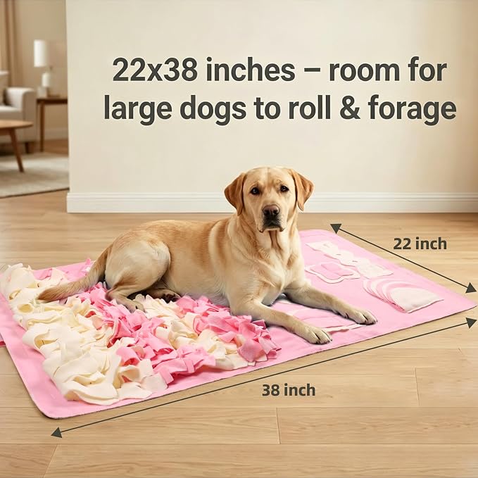Snuffle Mat for Dogs: Slow Food Interactive Experience - 7 Enrichment Foraging Games for Large Dog Owners Needing to Burn Pet Energy - Washable 1000 Times - 22x38 inch - Pink