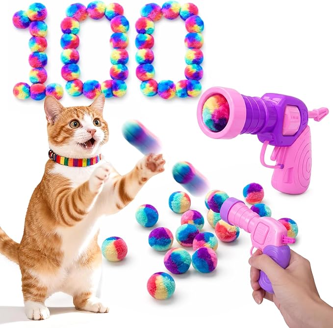 Mity rain 51PCS Cat Ball Launchers & Pom Pom Balls Interactive Cat Toy Set – Safe Soft Plush Kitten Toys for Indoor Cats, Fun Kitten Toys for Endless Active Play