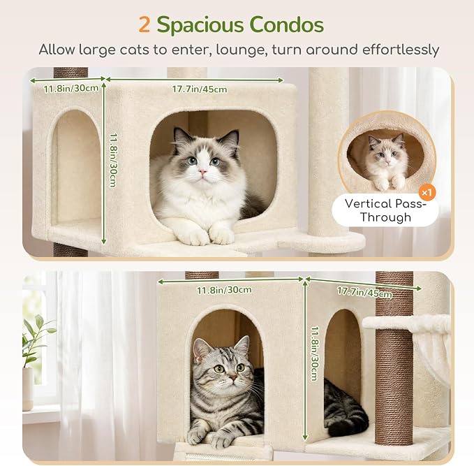 Globlazer 77in Cat Tree Tower for Indoor Cats Large Adult, F77, Beige | Heavy Duty Multi-level Climbing Tower with 6 Scratching Posts & Board, 2 Roomy Condos, 2 Padded Perches, 3 Sturdy Baskets
