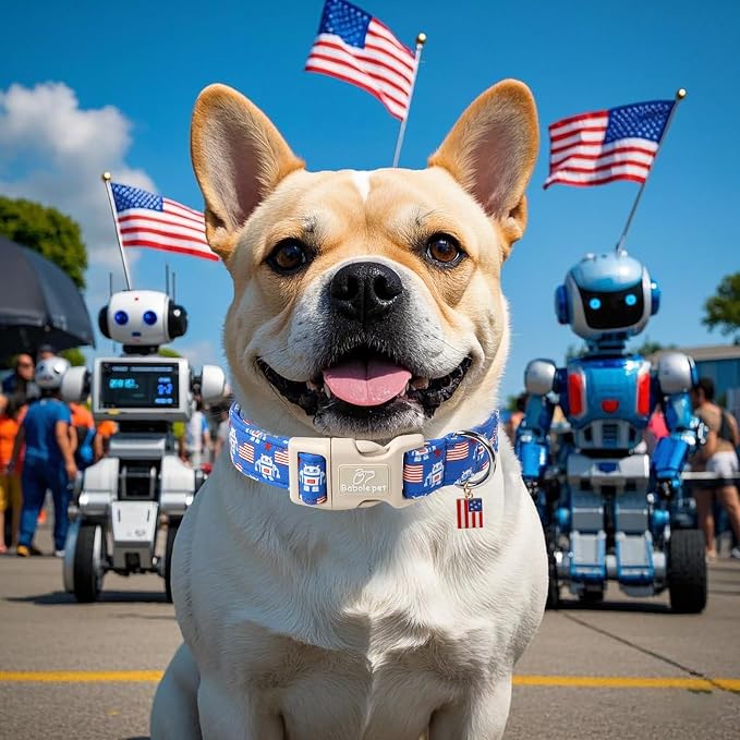 4th of July Dog Collar, Robot Star-Spangled Patriotic Dog Collars for Puppy Small Dogs, Adjustable Lightweight Quick-Release Buckle Collar for Boy&Girl Dogs XS