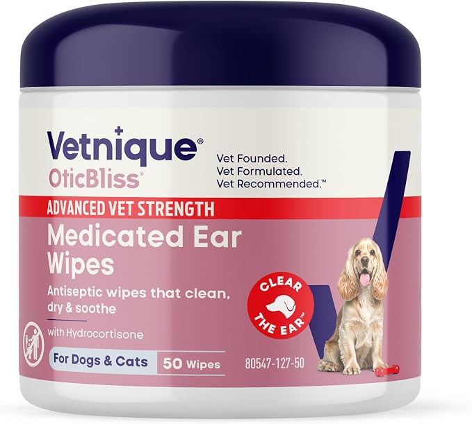 Vetnique Oticbliss Medicated Dog Ear Wipes, Yeast & Ear Infection Treatment | Antiseptic, Antibacterial & Antifungal Hydrocortisone & Miconazole Wipes for Itchy, Yeasty Dog & Cat Ears, Non-Stinging