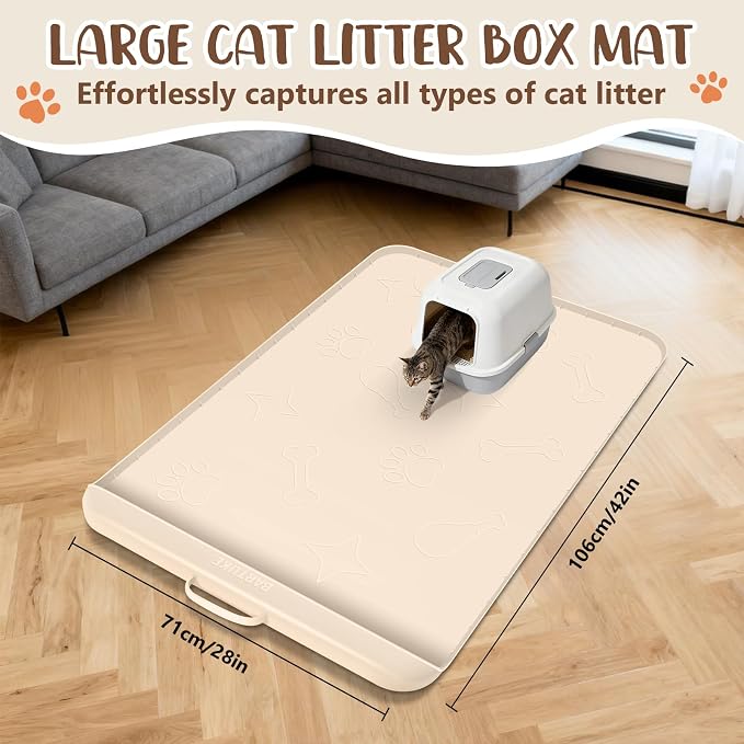 Cat Litter Mat for Litter Box 42" x 28", Large Silicone Mat, Beige | Waterproof Litter Trapping Mat with Residue Collection Pocket, Raised Edge, Non-Slip Pet Placemat for Floors