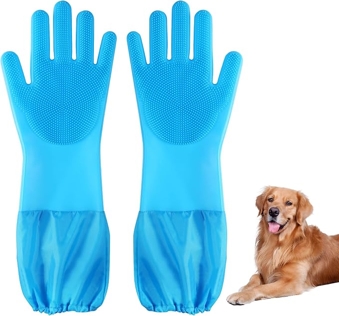 Dog Washing Gloves | Pet Grooming Gloves | Extra Long Arms (17.3") for Cats & Dogs | Massage & Hair Removal Pet Glove(Blue)
