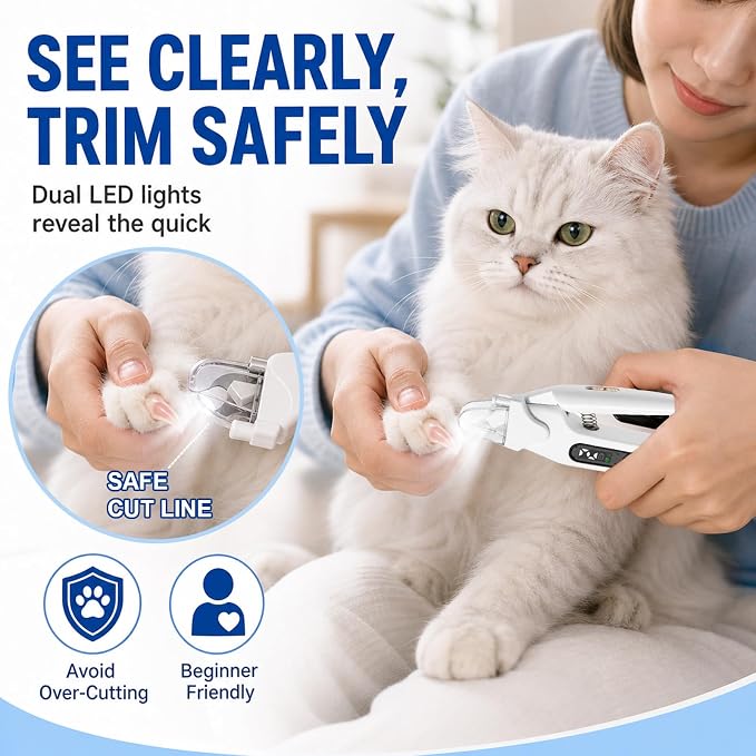 2-in-1 Dog Cat Nail Clippers & Grinder with LED Light, Pet Nail Trimmer with Splash Guard & Safety Lock, 2 Speeds USB Rechargeable Quiet Paw Nail Cutter for Large Medium Small Dogs Cats (White)