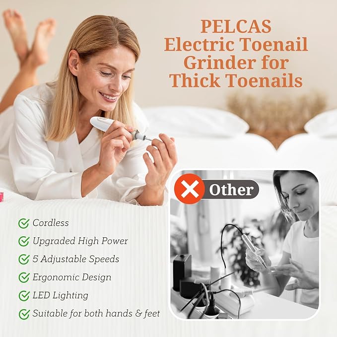 PELCAS Electric Toenail Grinder for Thick Toenails, 5 Speeds & LED Light | Manicure and Pedicure Kit, Cordless Nail Drill, Electric Nail File for Human, Pet, Thick Toenails, Natural & Acrylic Nails