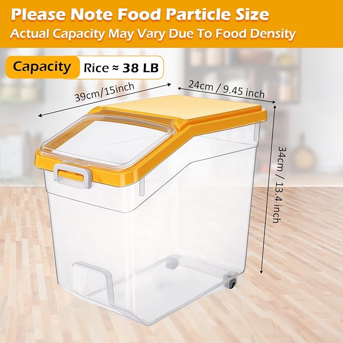 Sunnyray 4 Pcs Rice Storage Container 38 lb Flour Container with Wheels Measuring Cup Clear Pet Food Bin Dog Bird Cat Food Bin Grain Cereal Organizer Box for Dry Baking Supplies(Yellow Lid)