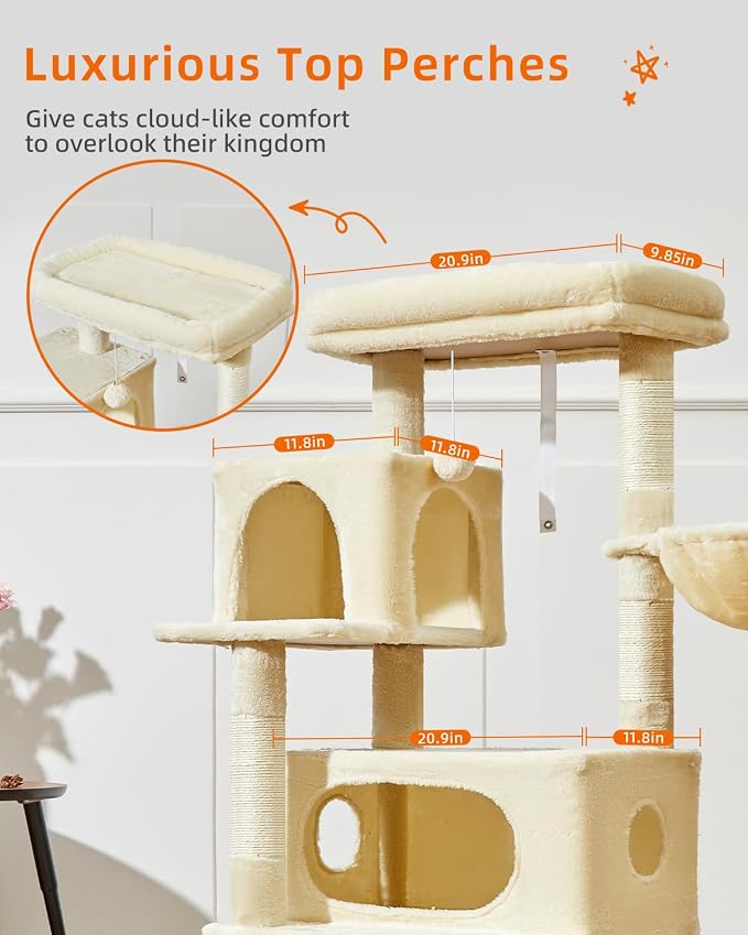 Taoqimiao Cat Tree, 49In Cat Tower for Indoor Cats Large Adult | 2 Luxurious Cat Condos, Thick Padded Top Perch, Adjustable Hanging Baskets, 5 Scratching Sisal Posts, Beige MS029LM