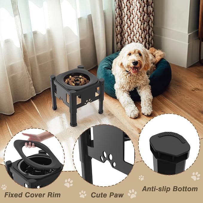Lewondr Elevated Slow Feeder Dog Bowls with 3 Heights Adjustable Stand | Stainless Steel & Slow Feeder Bowls, Adjustable Dog Slow Feeder Bowl Non-Slip Dog Bowl Stand for Medium Large Breed