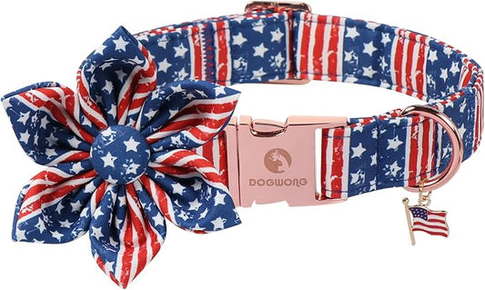 4th of July American Flag Dog Collar, DOGWONG Red Blue Flower Dog Collars with Metal Adjustable Buckle, Comfortable Independence Day Dogs Collars for Large Dogs, XL