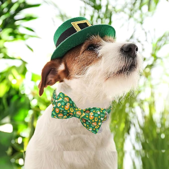 DOGWONG St Patrick Dog Bow Tie with Collar, Irish Holiday Shamrock Lucky Dog Collar for Boys and Girls Large Medium Pets Puppies