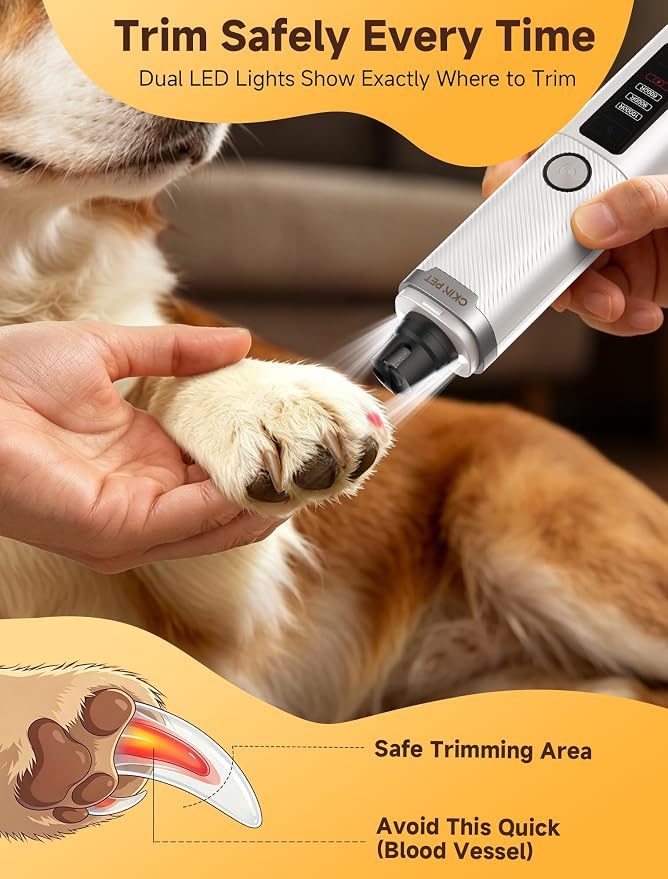 Dog Nail Grinder, Electric Dog Nail Trimmer Quiet with 2 LED Lights, 3-Speed Pet Nail Grinder for Dogs & Cats, Rechargeable 2000mAh Nail Grinder for Small Medium Large Dogs with Light, White