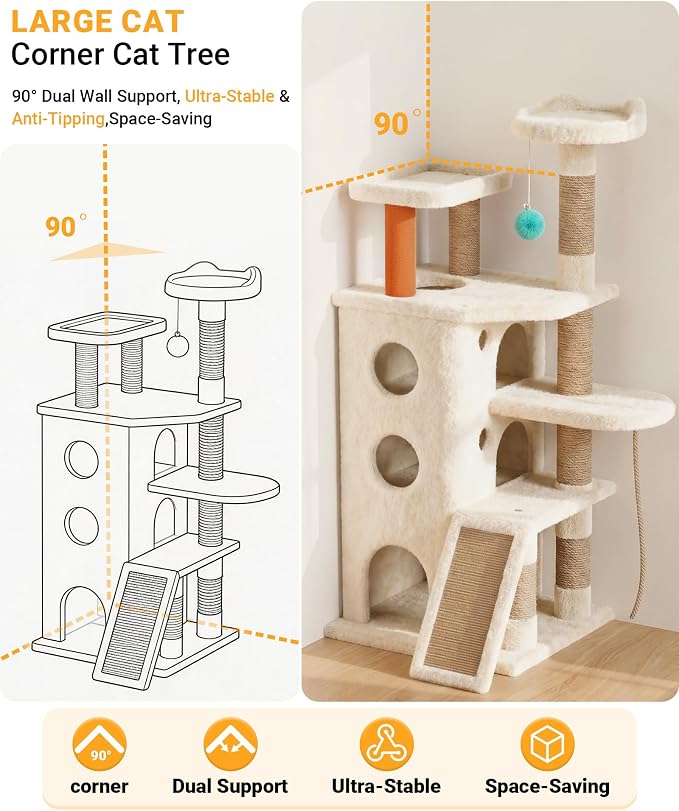 Eco-Wood Cat Tree Tower,【Top Heavy Duty】 Cat Tower for All Indoor Cats | 54” Super Sturdy Cat Tower Bed with 6 Scratching Posts, Scratch rope, Scratcher, 3 Enlarged Cat Condos, Jumping Perches