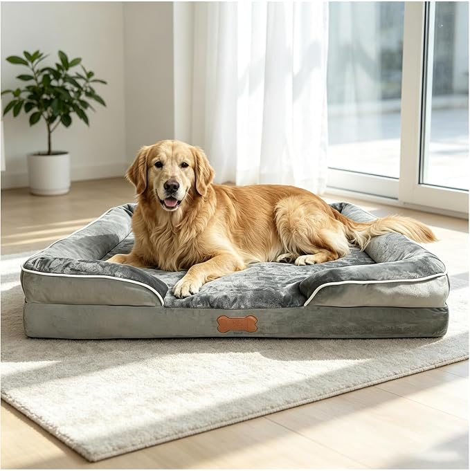 Memory Foam Large Dog Beds Removable Washable Cover Dog Couch with Non-Slip Bottom Large Cat Bed for Indoor Use 3-Sided Headrest Design for Neck and Head Support (X-Large)