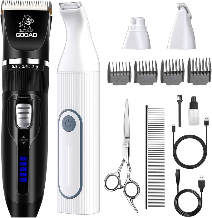 4 in 1 Dog Clippers Grooming Kit and Paw Trimmer for Thick Hair&Coats | 3-in-1 Clipper+Paw Trimmer+Nail Grinder, <60dB Quiet, Cordless,LED Display, 4 Guide Combs, Detachable Titanium-Ceramic Blade