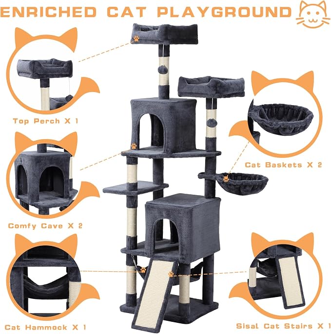 Letkind Cat Tree, 70-Inch Cat Tree Tower with Hammock, Scratching Post, Condo and Multi-Level Cat Tower, Large Cat Activity Center Playhouse, Dark Gray LCT015