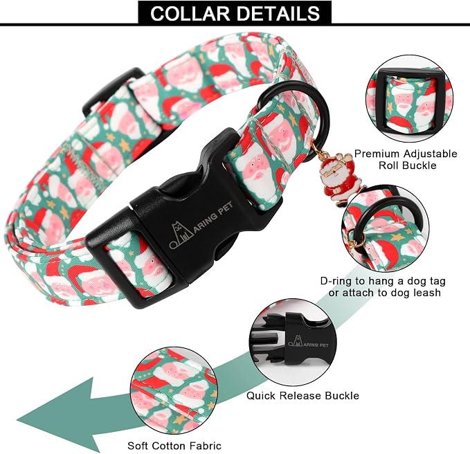 ARING PET Christmas Dog Collar, Cute Green Santa Claus Adjustable Xmas Pet Collars Puppy Collar with Quick Release Buckle for Girl&Boy Dogs-M