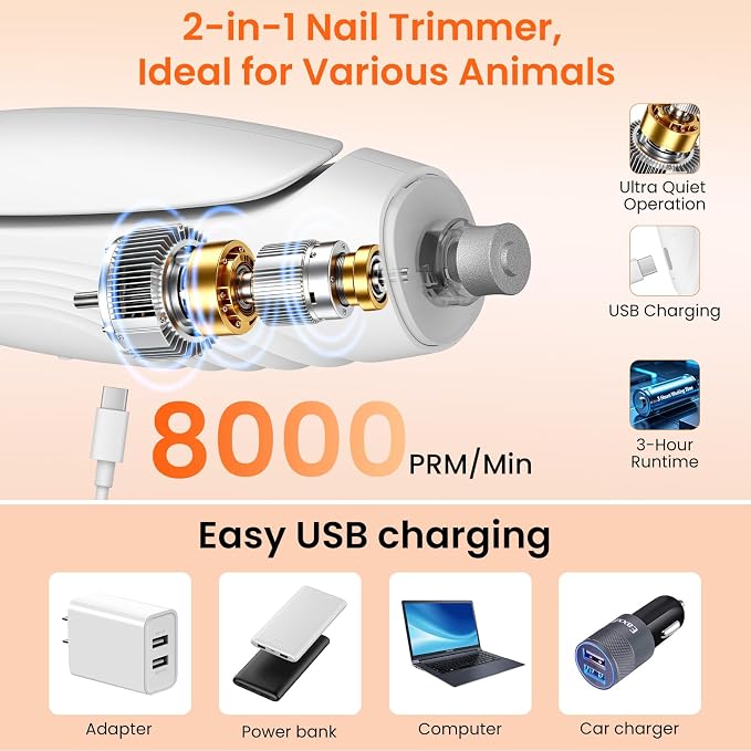 2-in-1 Dog & Cat Nail Clippers and Grinder with 2 Light, Quiet Electric Pet Nail Trimmers for Small Medium Large Dogs & Cats Claw, Safety Guard Usb Rechargeable, Professional Grooming Tool