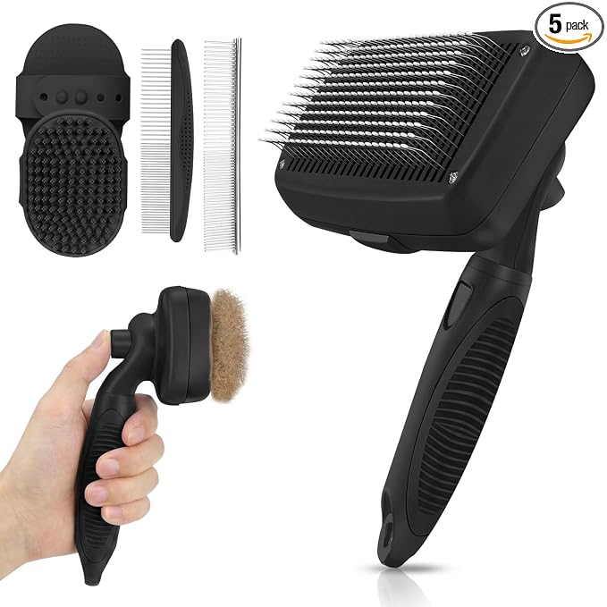 Self Cleaning Shedding Brush - 5-in-1 Professional Pet Grooming Kit Skin Friendly Grooming Tool for Dogs, Cats, and Puppies, Deshedding and Hair Removal for Long and Short Haired Pets, Black