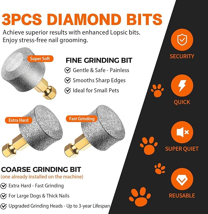 Whisper Quiet Dog Nail Grinder Safe & Stress-Free for Sensitive Dogs Cats | 4 LED Lights,3 Grinding Bits, 3-Speed, Pet Nail Trimmers, Rechargeable Painless Grooming Kit for All Breeds & Sizes