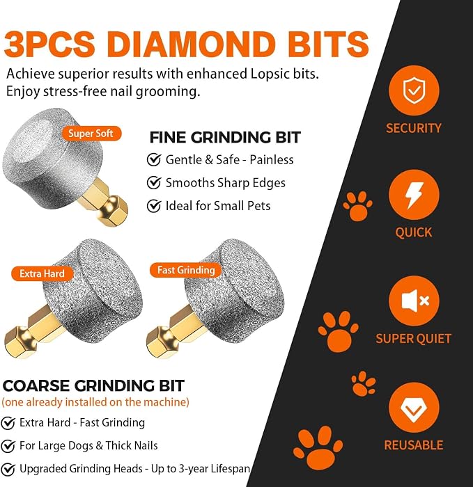 Whisper Quiet Dog Nail Grinder Safe & Stress-Free for Sensitive Dogs Cats | 4 LED Lights,3 Grinding Bits, 3-Speed, Pet Nail Trimmers, Rechargeable Painless Grooming Kit for All Breeds & Sizes