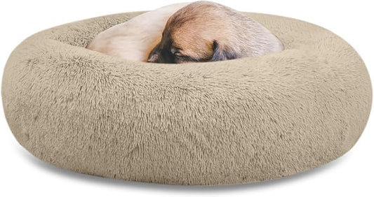SAVFOX 20 inches Calming Donut Dog Bed - 3X Durable Plush Faux Fur, Machine Washable & Non-Slip, Fits up to 15 lbs, Beige